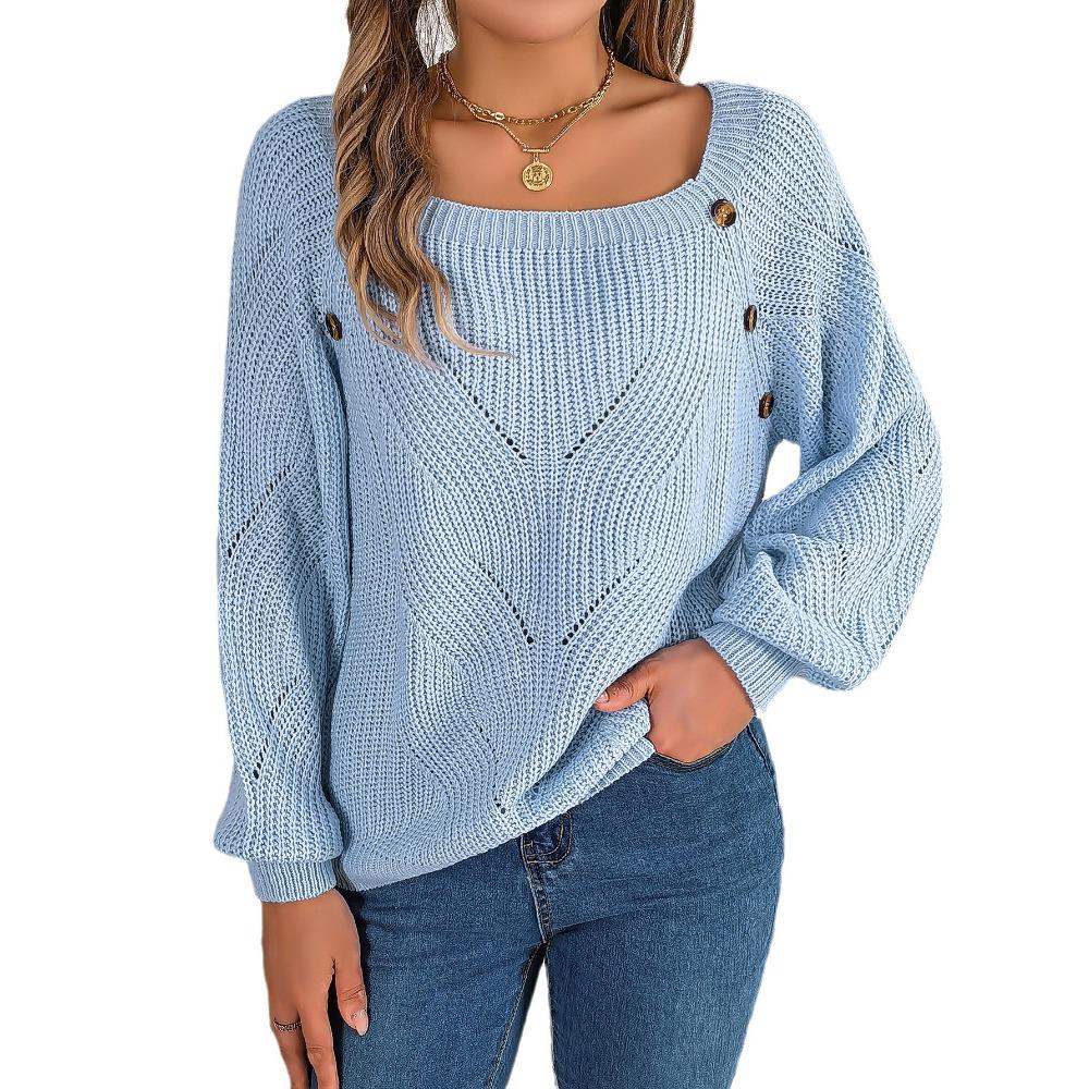 

Модный женский повседневный трикотажный топ с квадратным вырезом, застежкой на пуговицы спереди, однотонный, со шнуровкой и рукавами-колоколами L светло-синий