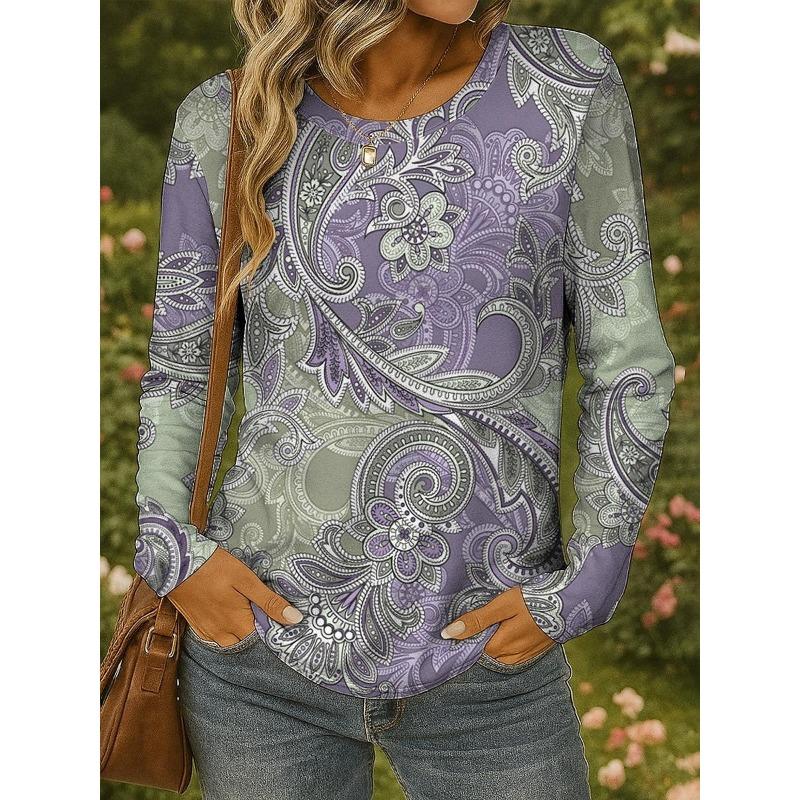 2025 Women's T-shirts Casual Long Sleeve Tops Vintage Paisley Graphic Tees Shirts Blouse O-neck Fall Winter Streetwear Pullover