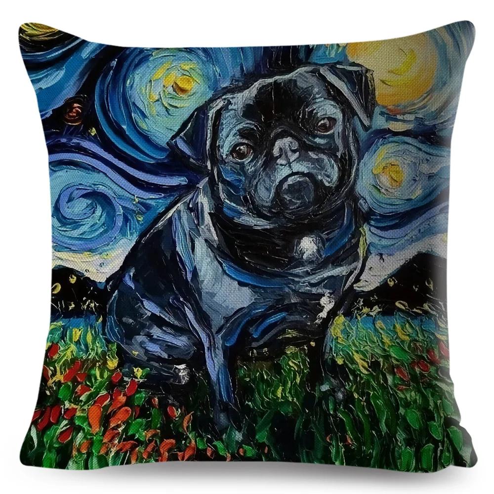 Both Sided Starry Sky Dog Cushion Cover Decor Oil Painting Cartoon Pet Animal Pillow Case for Sofa Home  Linen Pillowcase