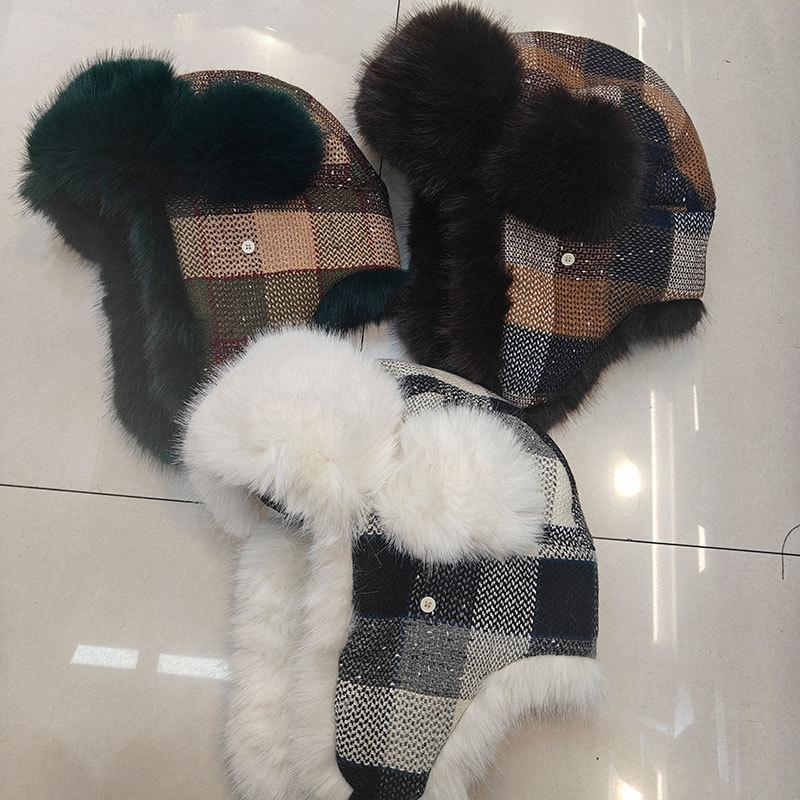 Vintage Plaid Lei Feng Hat Children's Winter Outdoor Cycling Thickened Velvet Thermal Hat Northeast Snow Ear Protection Hat