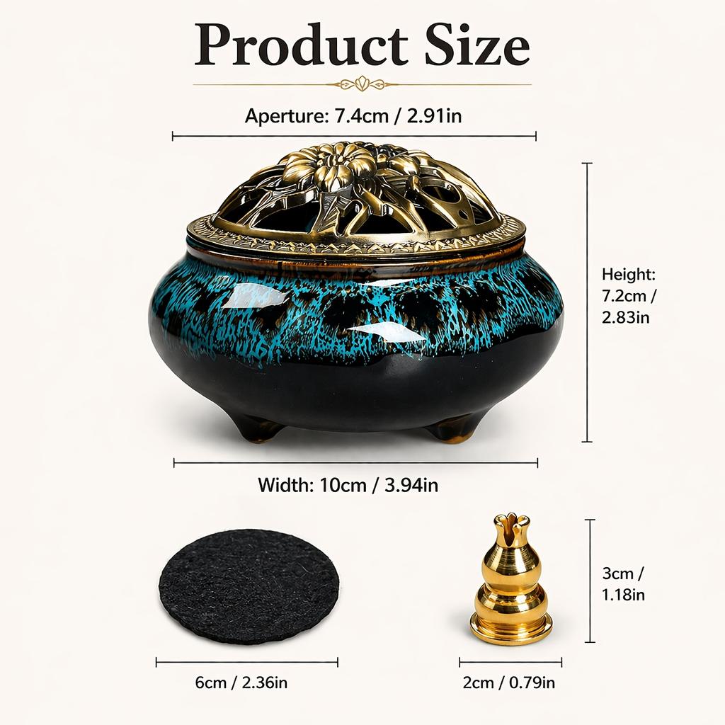Large Kiln-fired Ceramic Incense Holder Set with Vintage Brass Cover, Includes Fireproof Mat, Coiled Incense Tray and Mesh Cover