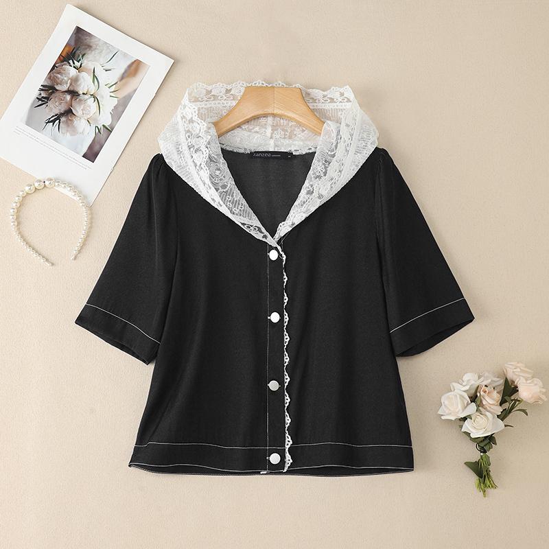 

ZANZEA Women Casual Lace Splice Hoodies Summer Half Sleeve Blouse 4XL чорний