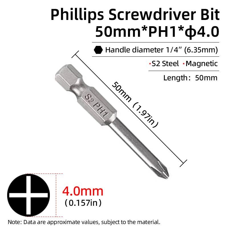 50mm Phillips Screwdriver Bit PH00/PH0/PH1/PH2 1/4” Hex Shank Magnetic S2 Steel Cross Head Screw Driver Bits Hand Power Tools