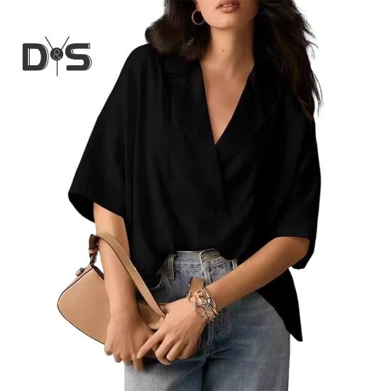 Dámská košile volného střihu s klopou, poloviční rukáv, jednobarevná, pulovr, topy v retro stylu, ležérní topy pro každodenní nošení