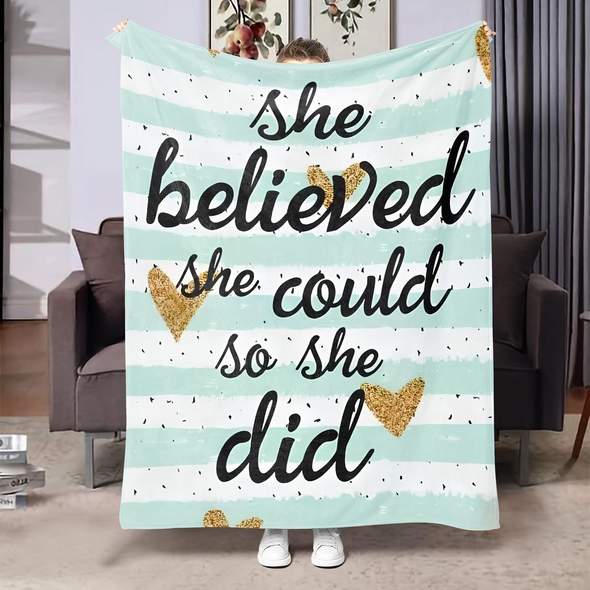 

Motivational flannel blanket with blue stripes and gold sequins, soft and cozy, a perfect gift for all seasons, home/office 100x150cm