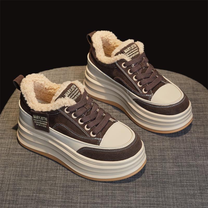 

Женские плюшевые теплые кроссовки из овечьей шерсти, увеличивающие рост – повседневная зимняя обувь на толстой подошве белого цвета. 38