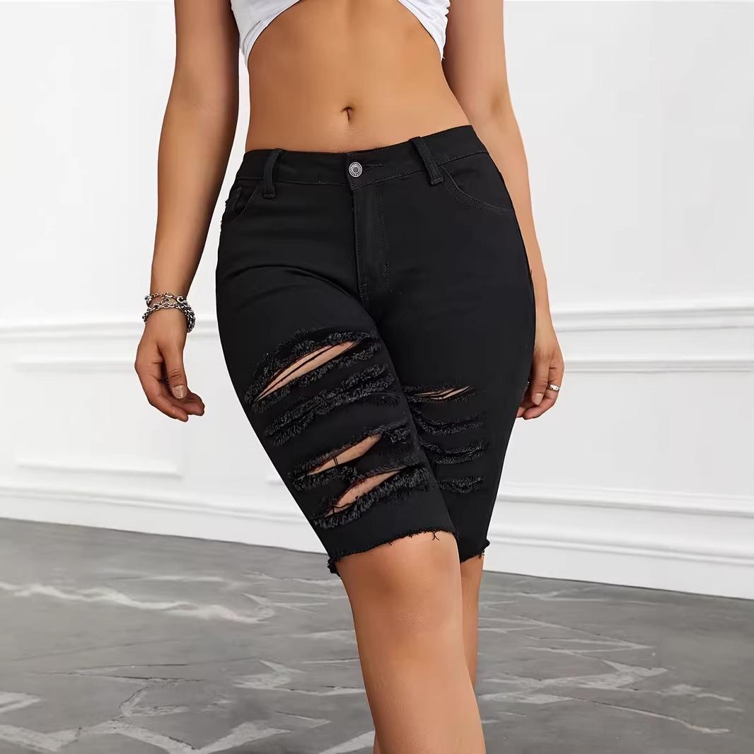 Women s Summer Black Ripped Denim Shorts with Raw Hem Small