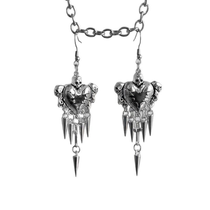 Abi Feng Gothic Punk Red Heart Skull Earrings with Rivets and Thorns