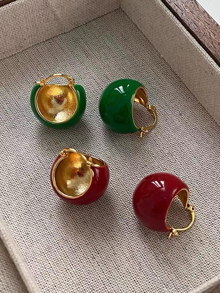 Vintage Green Enamel Ear Cuffs | Women's Luxury High-End Earrings | Retro Chic White Studs