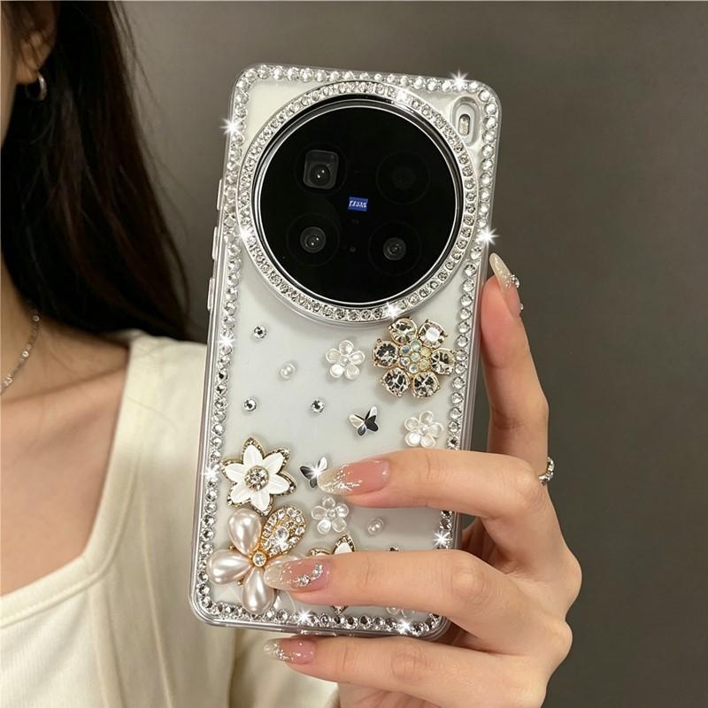 Bling Silver Diamond Case For Xiaomi 17 Ultra 17 Pro Max 13 14 15 Ultra 14T 15T 15s Pro Glitter Rhinestone Flower Acrylic Cover