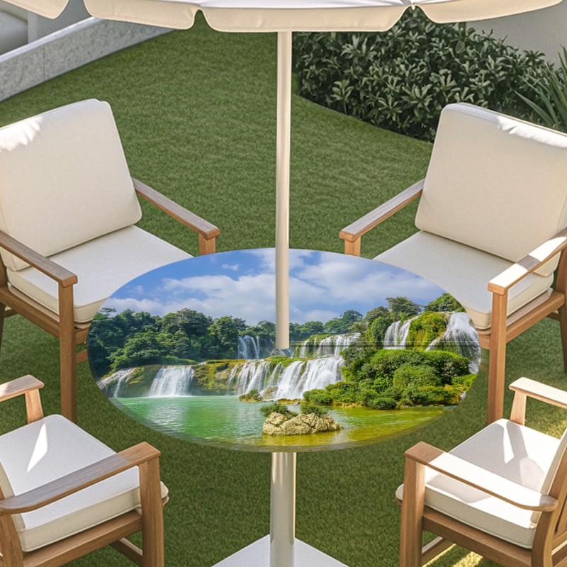 Outdoor Round Table Cover With Nature Print Waterproof Elastic Hem Patio Garden Deck