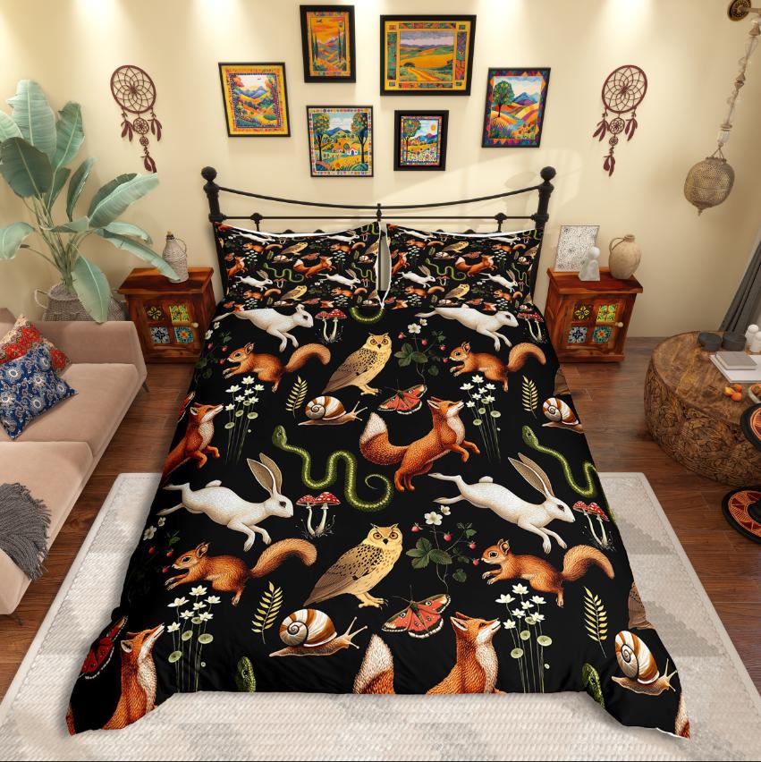 Homewish Fox Rabbit Snake Duvet Cover SetJungle Animal For Teens Bedding SetFlower Mushroom Decor