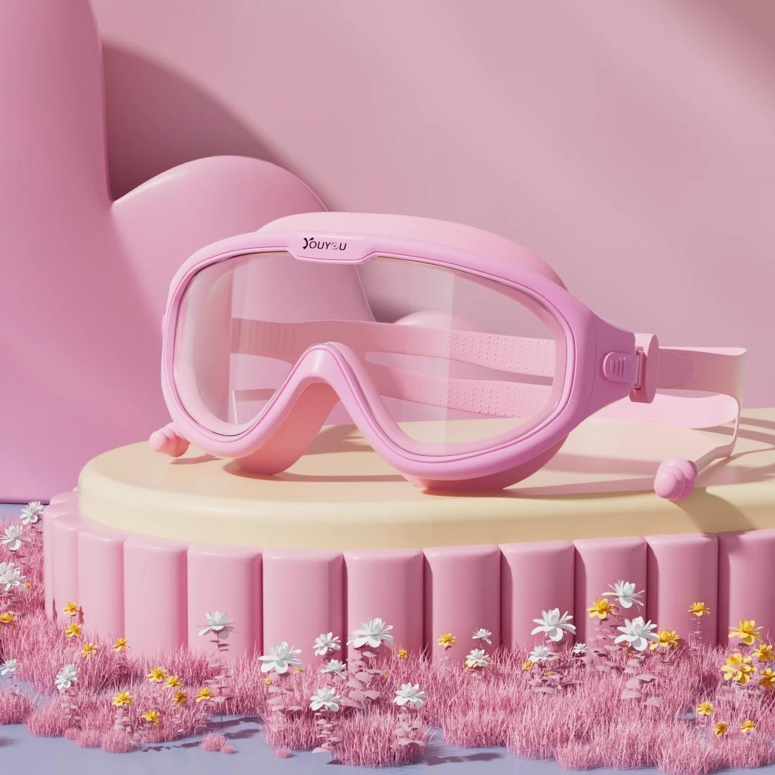 

Children s swimming goggles, waterproof, anti-fog, high-definition, large-frame swimming goggles and swim cap set for boys and girls, specialized прозрачный розовый