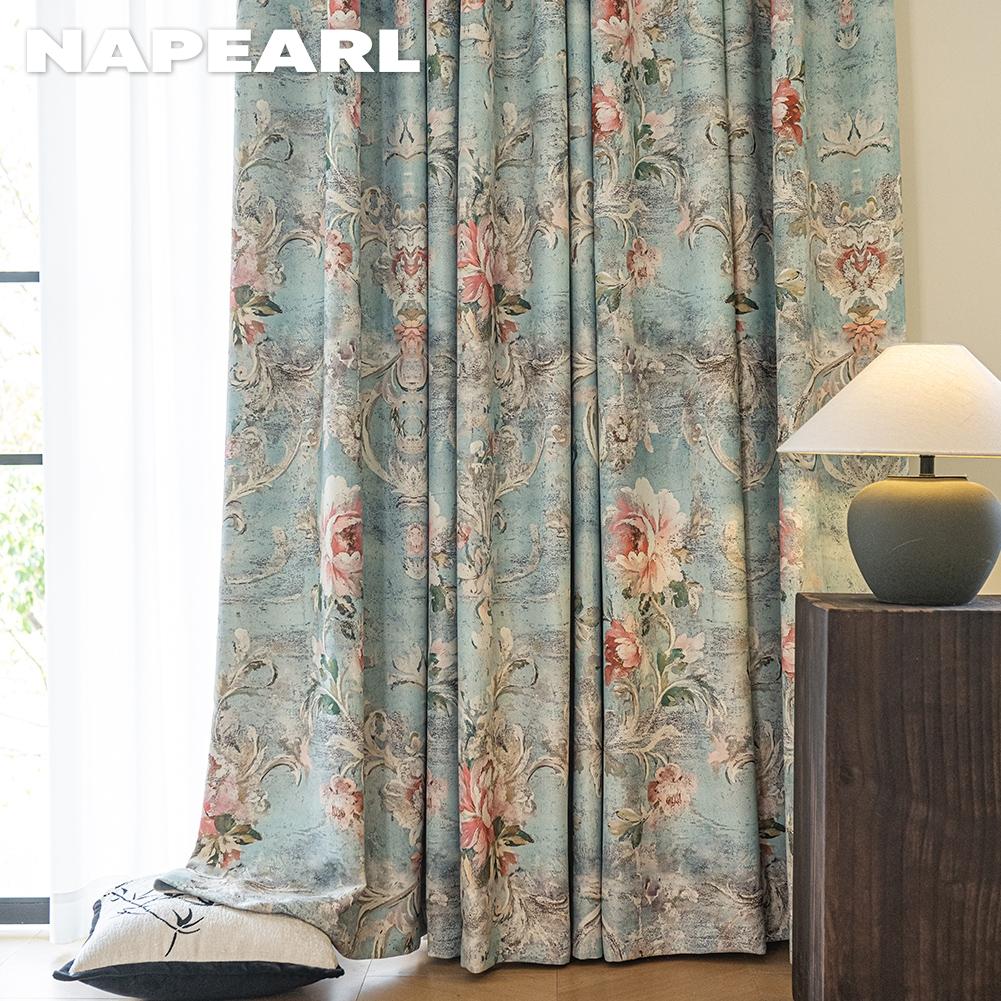 1 Stück NAPEARL Französischer Idyllischer Stil Verdunkelungsvorhänge Blauer Grund Pfingstrosenmuster Vorhänge Dicke Vorhänge für Schlafzimmer Wohnzimmer Fenster für Heimdekoration