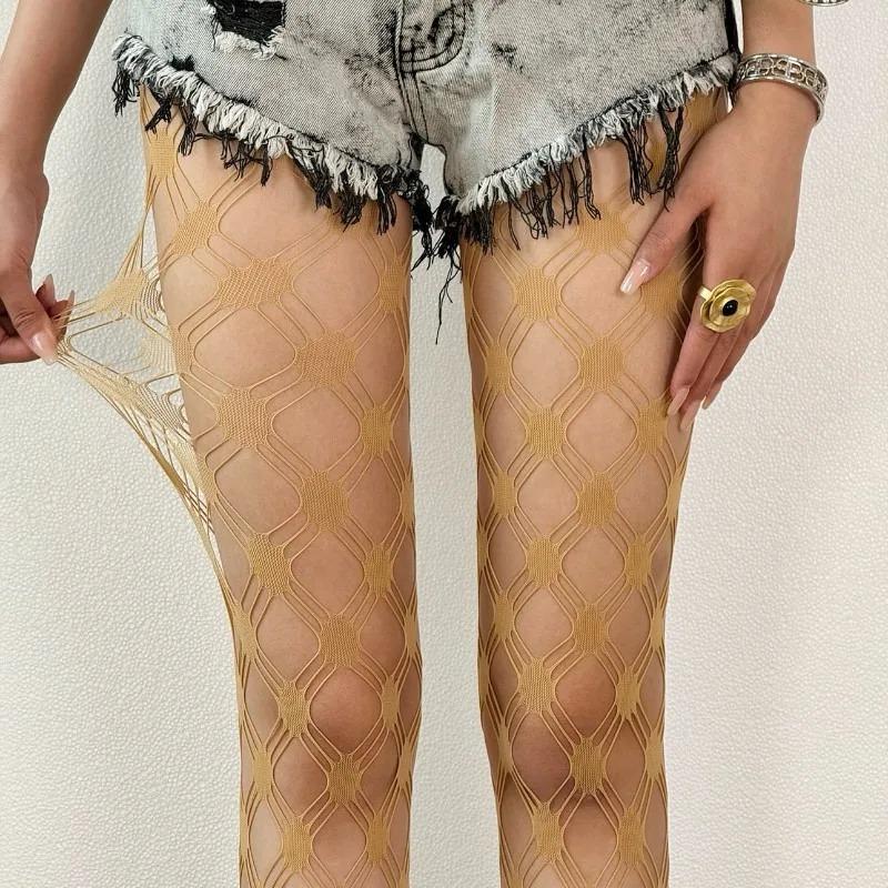 Sommer Neue Blaue Netzstrümpfe Lange Socken Netzstrumpfhosen Damen Sexy Durchsichtige Fischgrät-Strumpfhosen Dünne Hohl-Oberschenkelhohe Strumpfhosen One Size beige