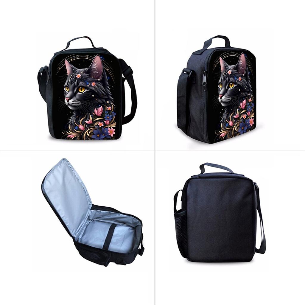 Set di Zainetti Tre Pezzi con Stampa Gatto Nero e Fiori per Ragazzi e Ragazze Migliori Regali Zaino Scolastico Cartoon Piatto 2D per Bambini