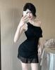 Sexy One-Shoulder Mesh Ruffled Slip Dress
