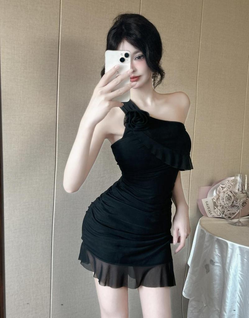Sexy One-Shoulder Mesh Ruffled Slip Dress