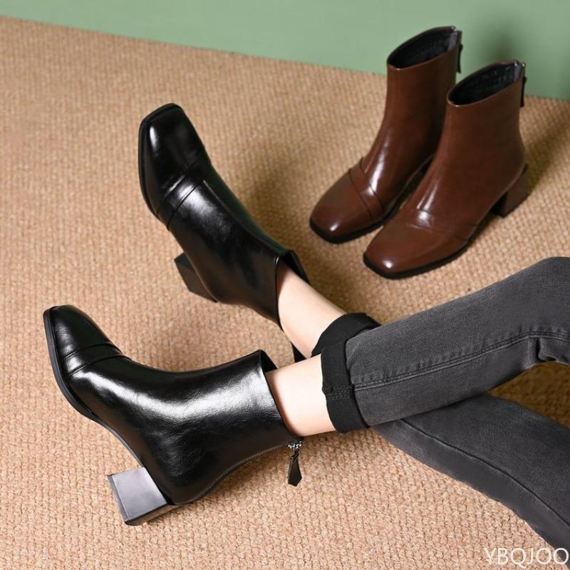 Autumn Winter Fashion Back Zipper Thick Heel Middle Heel Short Boots for Women Retro Square Head Versatile Women's Boots