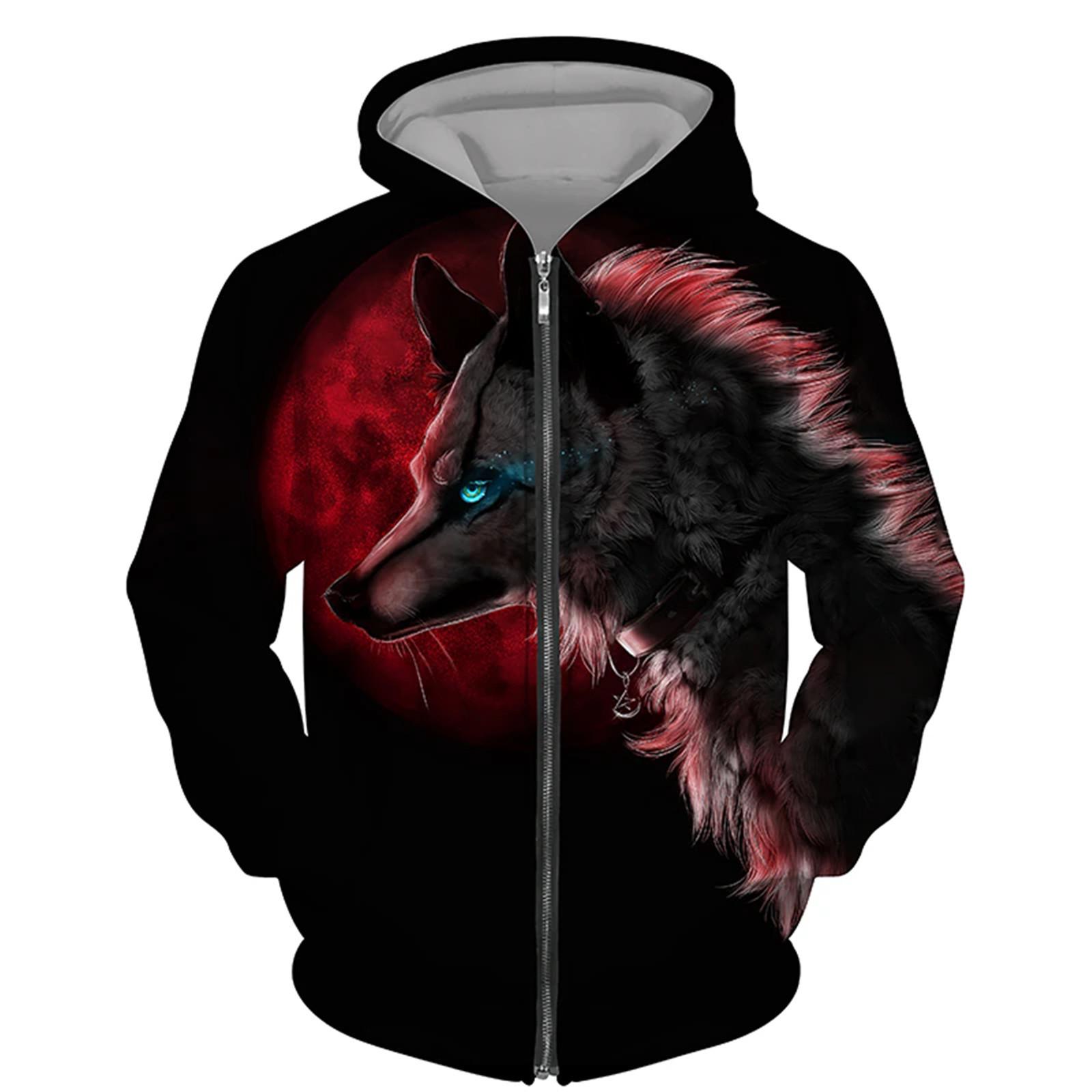 

Мужская толстовка с 3D принтом волка для пар с капюшоном и длинным рукавом для женщин, свободная толстовка на молнии больших размеров S