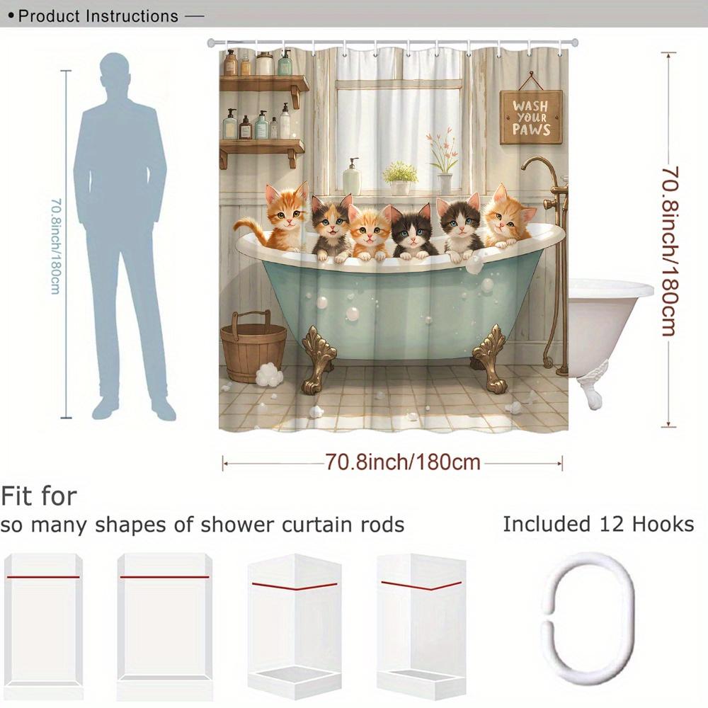Cute Kitten Bathtub Scene Shower Curtain Machine Washable All Season Waterproof Privacy Protection Cartoon Design Kids 12 Hooks