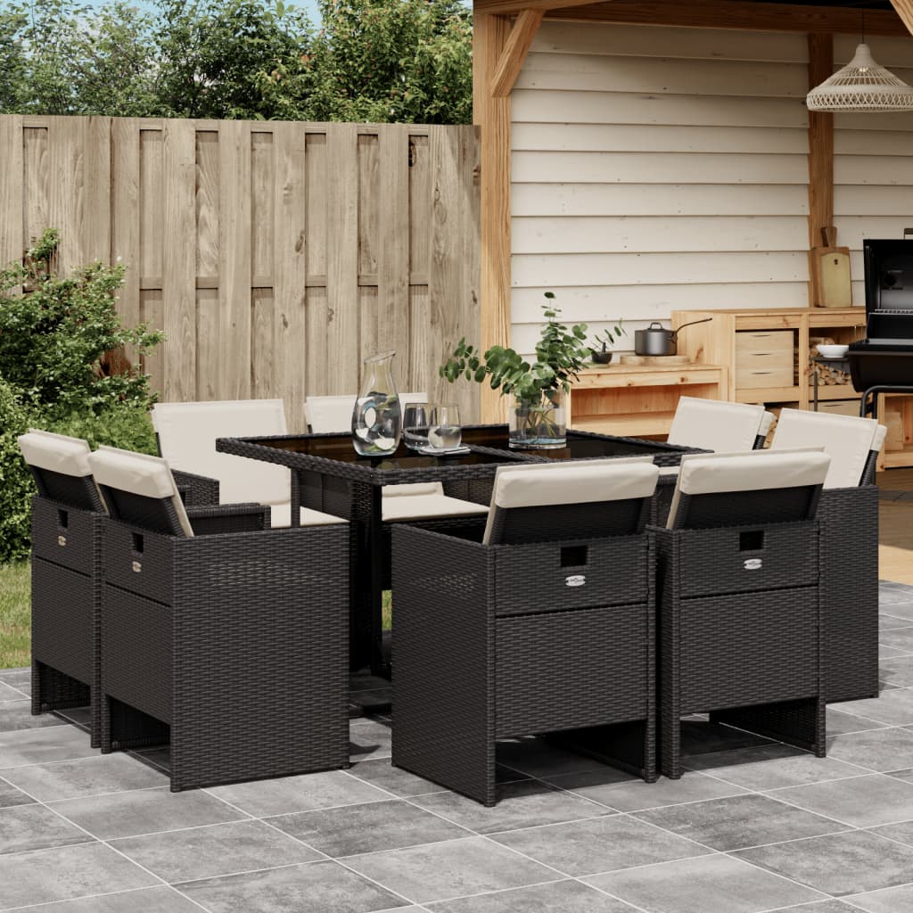 Vidaxl 9-Cz. Garden Furniture Set With Cushions, Black, PE Rattan
