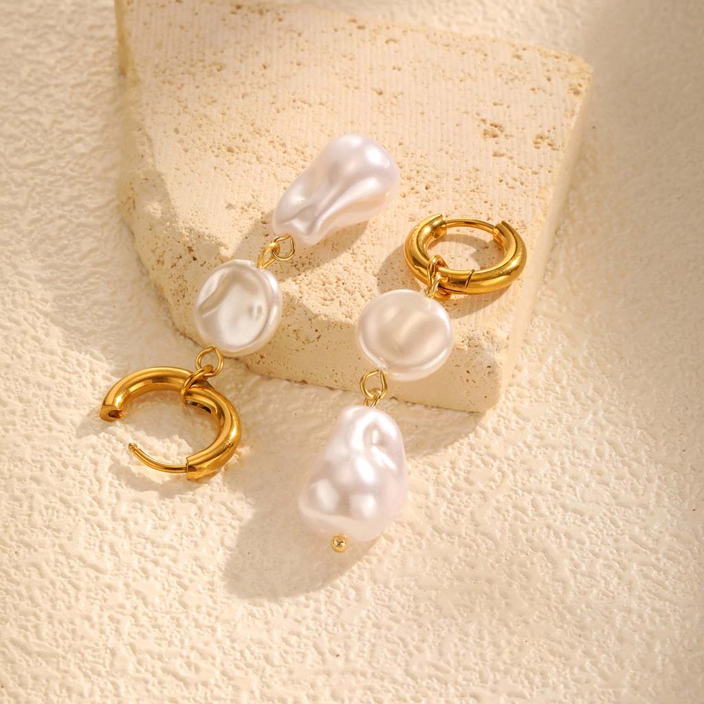 Vintage Irregular Imitation Pearl Earrings for Women, Gold Color Stainless Steel Drop Earrings, Elegant Jewelry Party Gifts