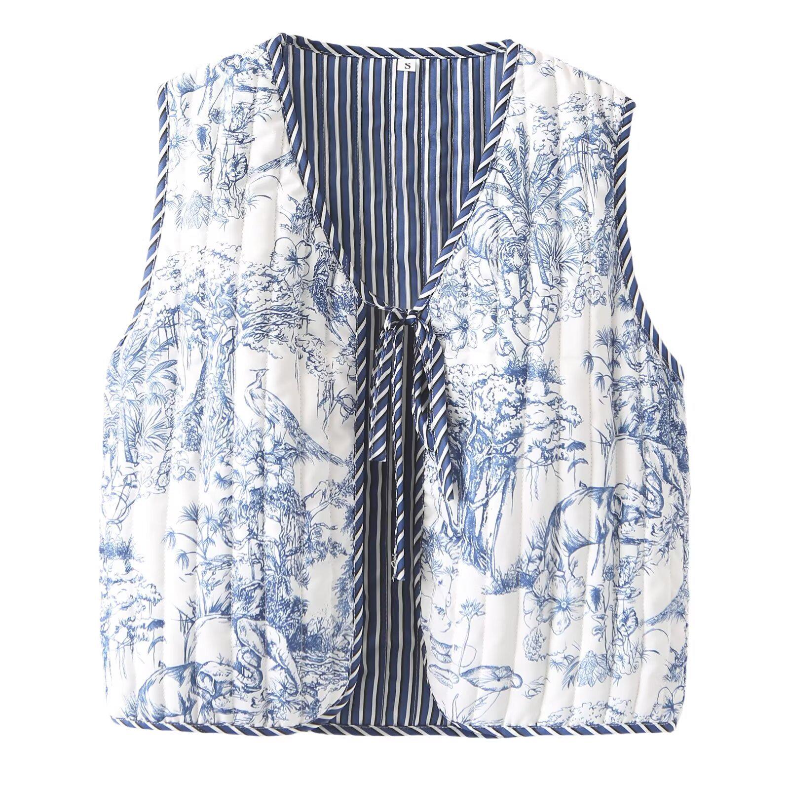 

Женский стеганый жилет с завязками в стиле ретро-принт, зима 2024 - Европейский и американский стиль Small