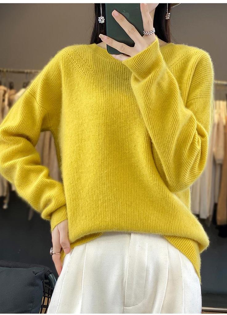Women's Slimming Wool Pullover Sweater - Loose Knit, Versatile Autumn/Winter Base Layer, Solid Color, Round Neck.