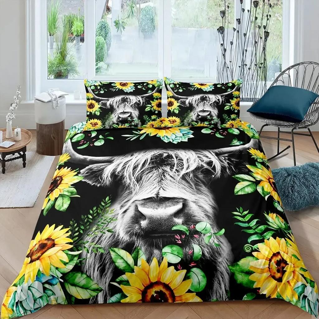 Cow Sunflower Bull Cattle Smoky Mountain Western Comfortable Duvet Cover Pillowcase Bedding Set Children Bedroom Decoration