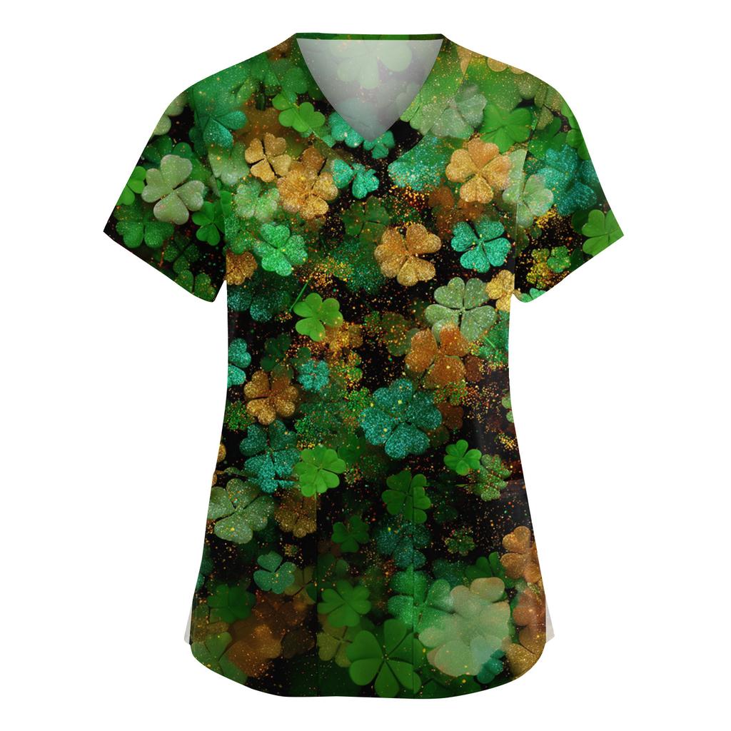 Women's Fashion V-Neck Short Sleeve Overalls With Pockets  Print Tops  Clothes