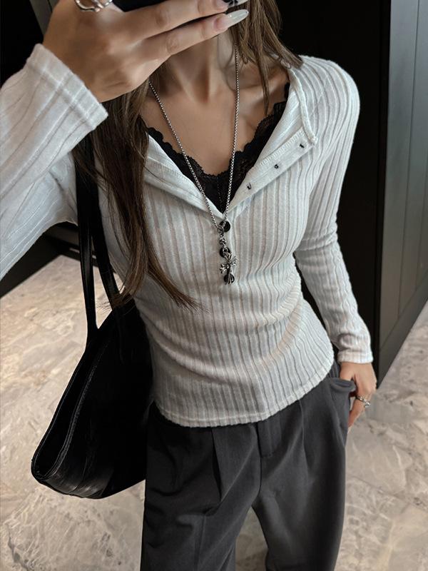 Damhöst-Vinter V-ringad Spetslagerstickad Topp - Smal Passform, Långärmad, Koreansk Stil