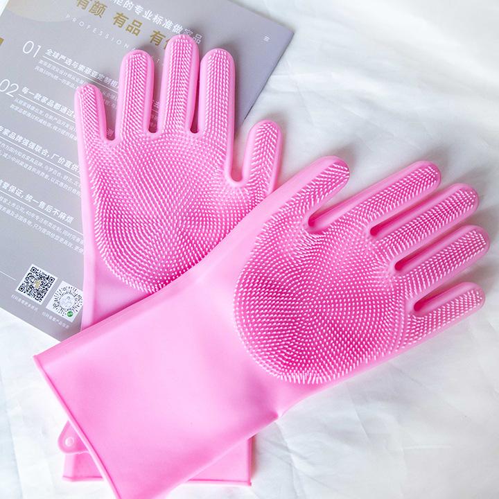Silicone Dishwashing Gloves with Thickened Palm and Massage Brush for Durable Hand Protection.