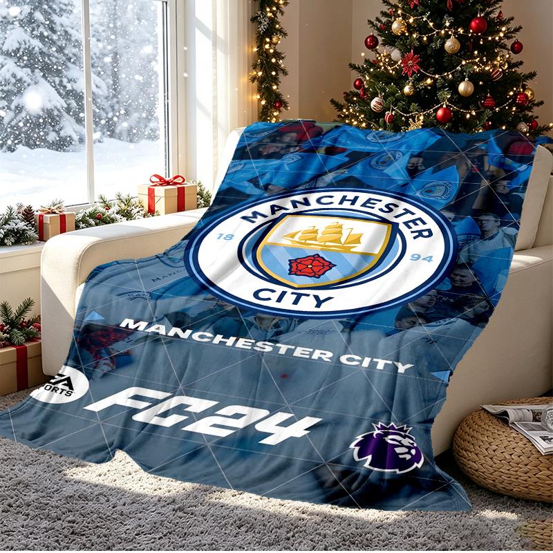Manchester City FC Pattern Blanket for Home Decoration, Bed, Sofa, Car Travel, Camping, Suitable for All Seasons, Birthday Christmas Gift