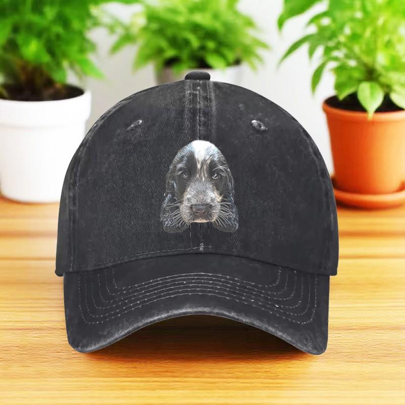 Cute Dog Print Washed Denim Baseball Cap Adjustable Curved Brim Outdoor Breathable Hat