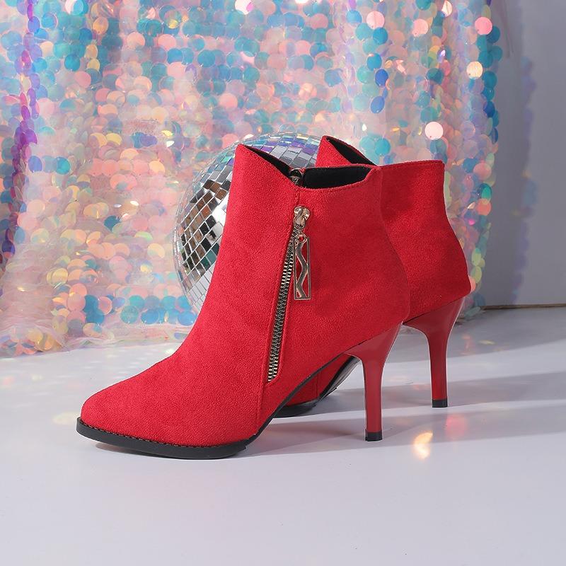 

Короткие ботильоны на высоком каблуке Женские осенне-зимние флисовые модные женские ботинки Остроносые на тонком каблуке Универсальные облегающие ботильоны на высоком каблуке 40