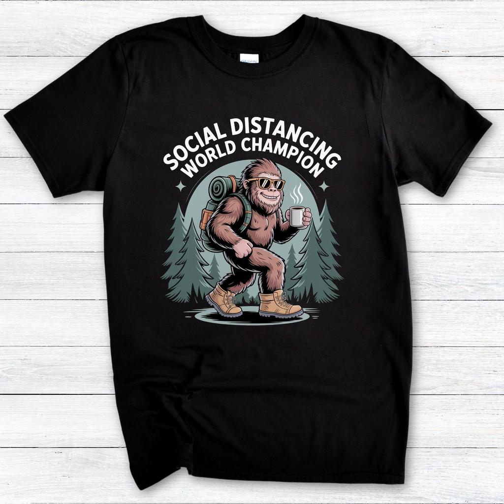 Funny Bigfoot Coffee T-Shirt: Sasquatch Social Distancing Champ