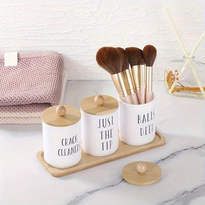 10 Oz Cotton Swab/Ball/Pad Holder with Vanity Tray, Qtip Apothecary Jar, Clear Bathroom Containers Dispenser for Storage 3 Pack