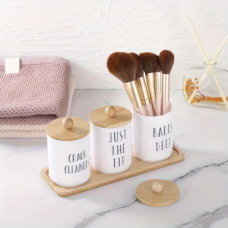 10 Oz Cotton Swab/Ball/Pad Holder with Vanity Tray, Qtip Apothecary Jar, Clear Bathroom Containers Dispenser for Storage 3 Pack