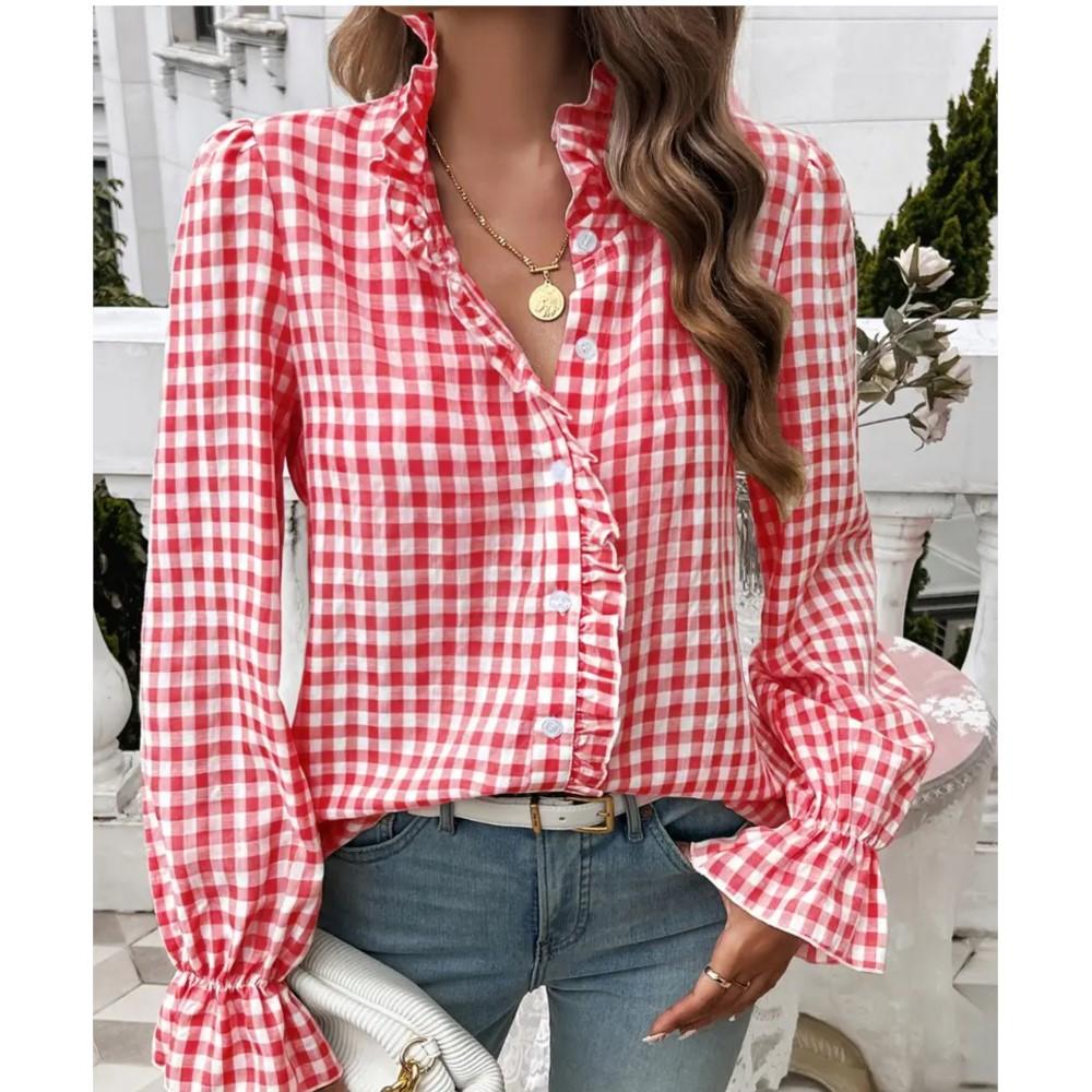 Fungus Edge Stand Collar Plaid Long-sleeved Shirt Women Spring Summer Casual Loose Single-breasted Female Versatile Shirt Tops
