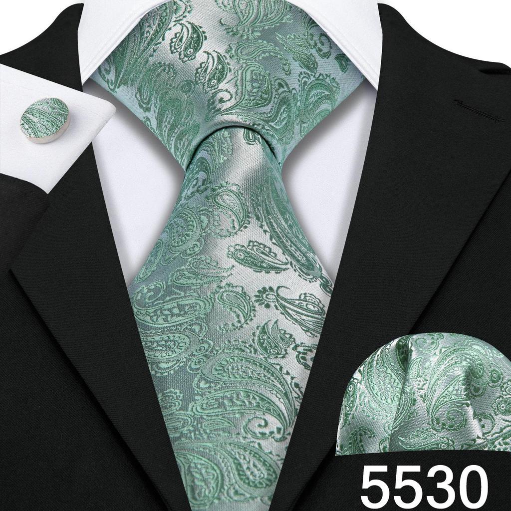 Barry.Wang Zestaw Krawat Poszetka Spinki do Mankietów Jasnofioletowy Szary Niebieski Krata Kwadraty Żakardowo Tkany Ślub