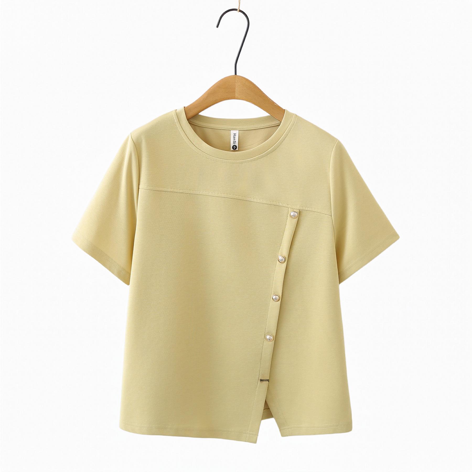 

2026 Plus Size Slit Hem T-shirt with 5 Buttons - Short Sleeve Irregular Top for Versatile Style 3XL жовтий