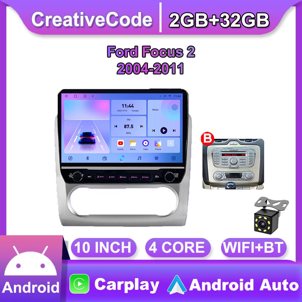 Android bilradio for Ford Focus 2 2004-2011 Med knappeknapp 10 tommers multimediespiller Navigasjon GPS Carplay 2+32GB
