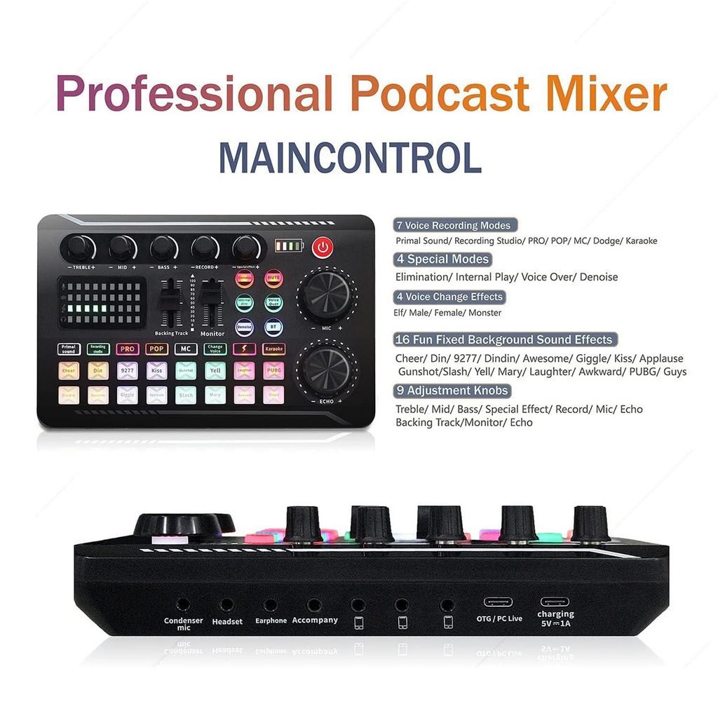 Black F998 Sound Card BM800 Microphone Tripod Kit Podcast Streaming 7 Modes Voice Changer Live Sound Effects for PC Smartphone