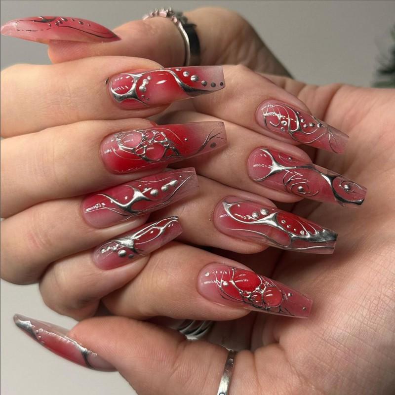 

Autumn Winter New Nail Art Wearing Red Blending Silver Abstract Stripe Rectangular Long Fake Piece