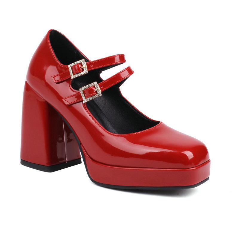 

Женские туфли из лакированной кожи с перламутровым блеском, толстый каблук, очень высокий каблук, водонепроницаемый, с двойной пряжкой, женские туфли на высоком каблуке, модная женская обувь 35 красный