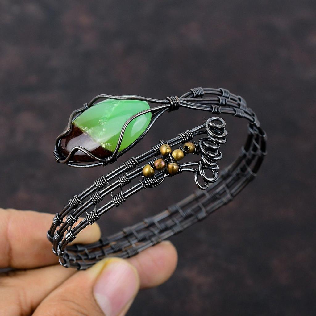 Boulder Chrysoprase Cuff Bracelet Copper Wire Wrapped Bangle Handmade Adjustable Cuff Bracelet Gemstone Bangle Copper Jewelry Gift For Him