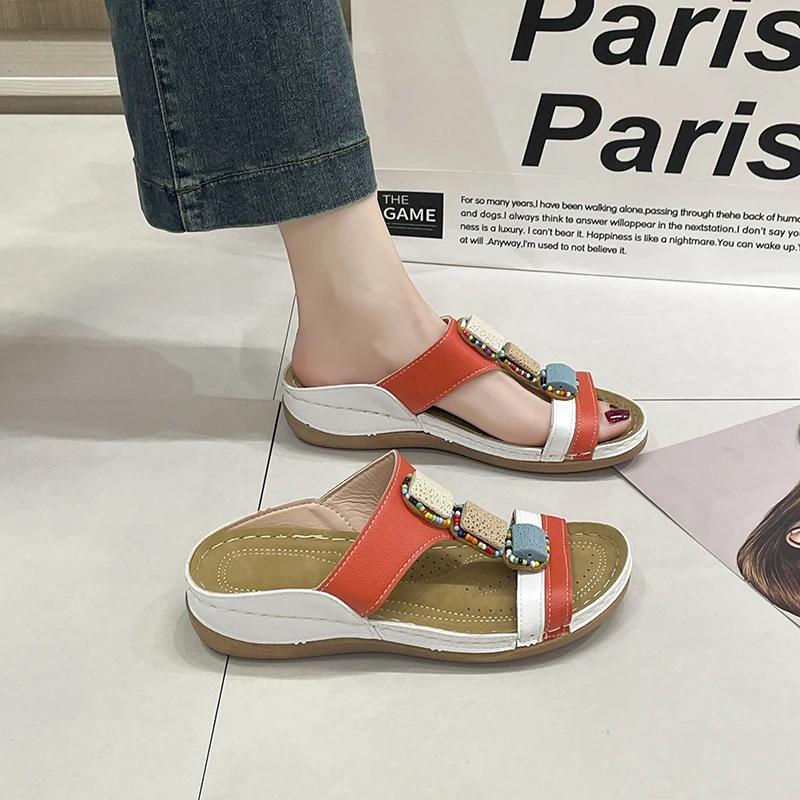 2025 Summer Open Toe Women’s Plus Size Slippers String Bead Round Toe Mixed Colors Wedges Sandals for New Daily Casual Slippers