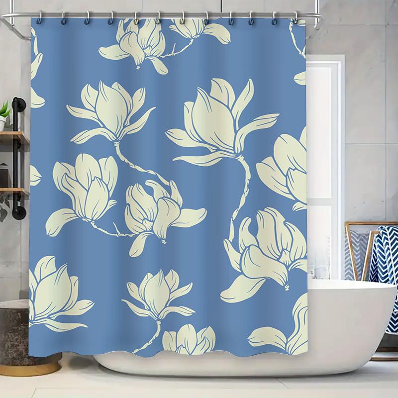 

Floral Bath Shower Curtain Blue With White Blossoms Patterned Fabric Waterproof Home Decor Window Door Panel Bathroom Decoration W60H190(CM)-1 Pcs
