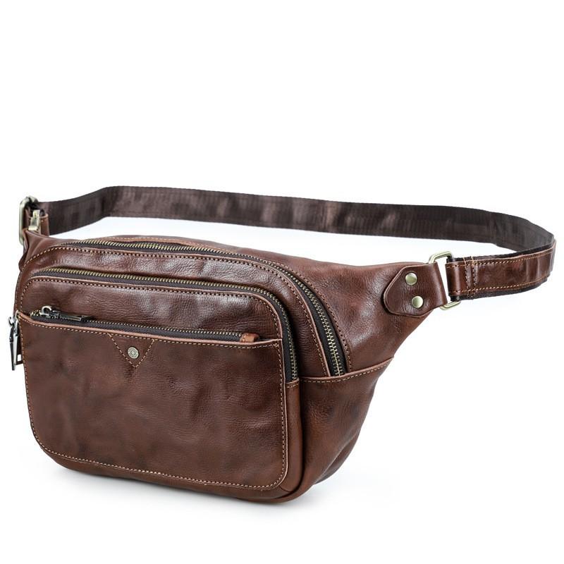 Retro Handmade Pattern Head Layer Leather Men s Chest Bag Casual Sports Trend Waist 32x8x19 кофейный
